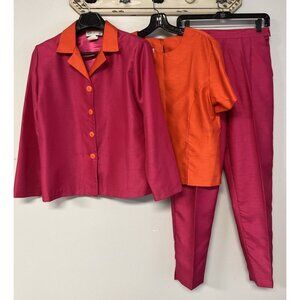 Peter Popovitch Satin 3 pc Suit Set Jacket, Top & Pants Pink & Orange Medium/Sma